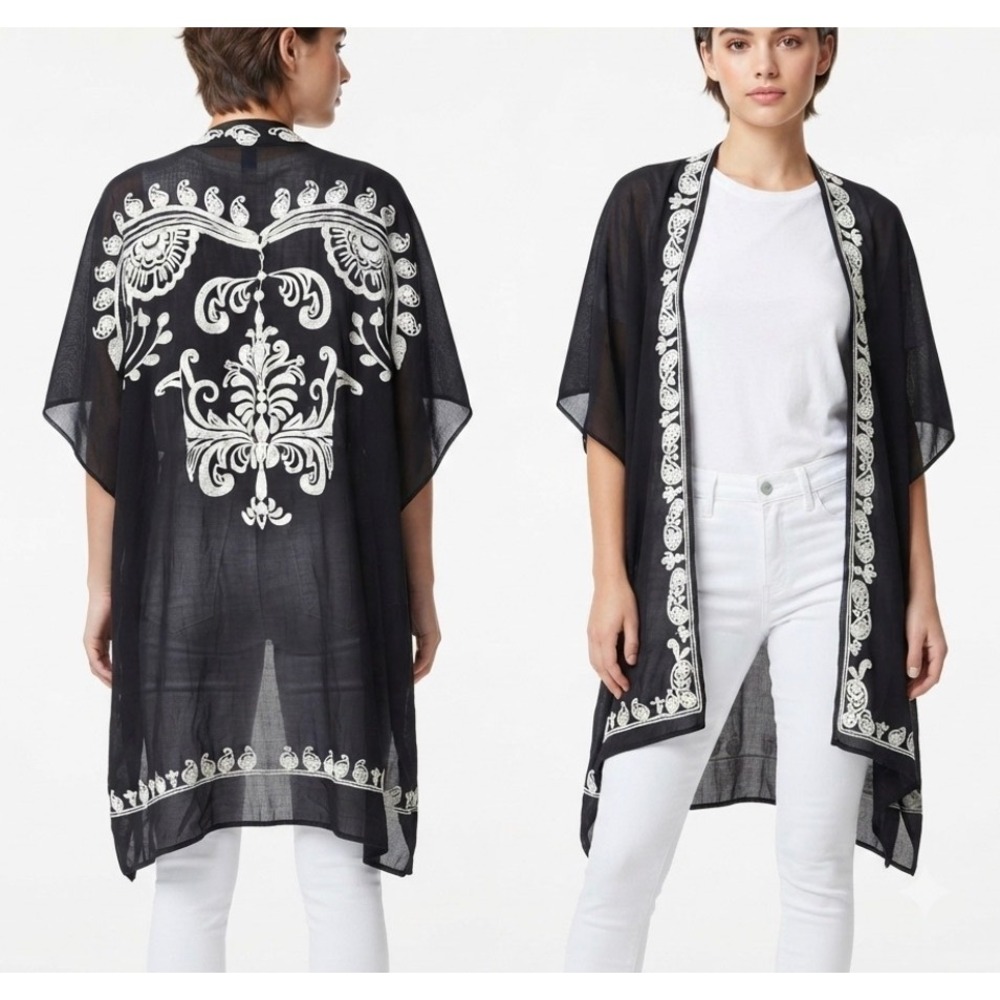 Do Everything In Love Black Embroidered Kimono Sheer Boho Wrap One Size